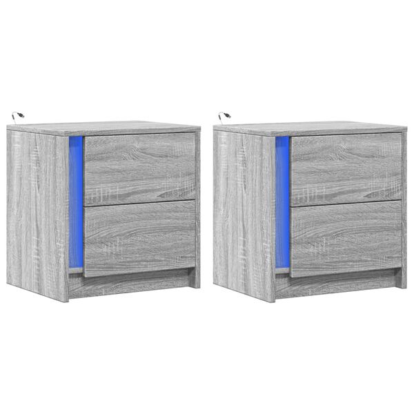 vidaXL Нощни шкафчета с LED, 2 бр, сив сонома, инженерна дървесина