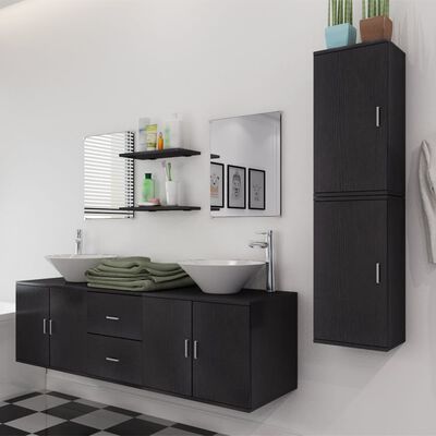 vidaXL комплект мебели от 9 части и мивка за баня, черен цвят