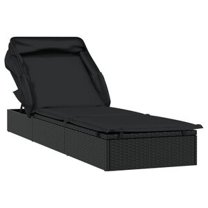 vidaXL Шезлонг със сгъваем покрив, черен, 213x63x97 см, полиратан