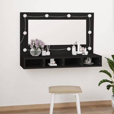 vidaXL Огледален шкаф с LED, черен, 90x31,5x62 см
