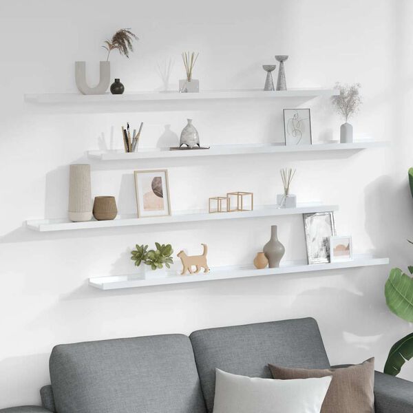 vidaXL Стенни рафтове, 4 бр, бял гланц, 115x9x3 см