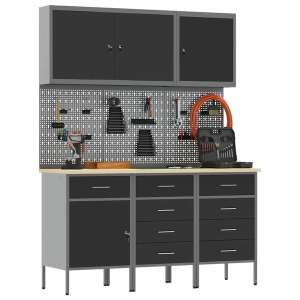 vidaXL Работен кабинет 8 pcs Черно Инженерна дървесина и стомана