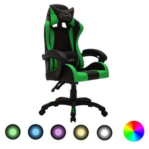 vidaXL Геймърски стол RGB LED осветление зелено/черно изкуствена кожа