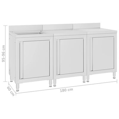 vidaXL Търговски кухненски шкаф за мивка, 180x60x96 см, инокс