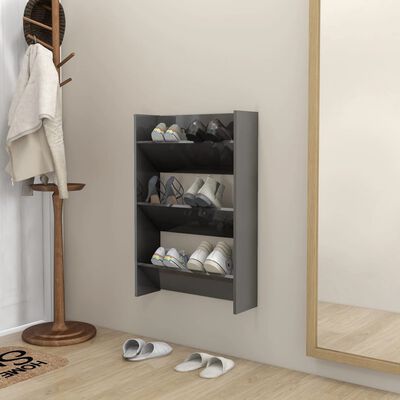 vidaXL Стенен шкаф за обувки, сив гланц, 60x18x90 см, ПДЧ