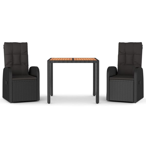 vidaXL Градински комплект от 3 части с възглавници черни полиратан