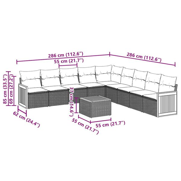 vidaXL Градински комплект диван с възглавници 10 части черен полиратан