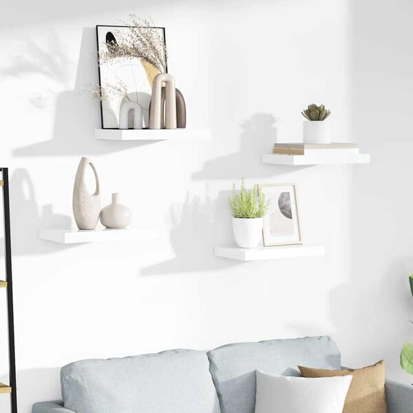 vidaXL Окачени стенни рафтове, 4 бр, бял гланц, 40x23x3,8 см, МДФ