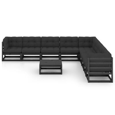 vidaXL Градински комплект от 10 части, с възглавници, черен, бор масив