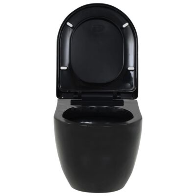 vidaXL Окачена тоалетна чиния, със скрито казанче, керамична, черна