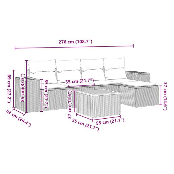 vidaXL Градински диван с възглавници, 6 части, черен, полиратан