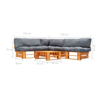 vidaXL Градински мебели от палети 4 части със сиви възглавници дърво