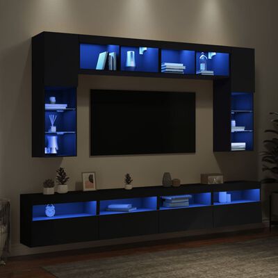 vidaXL Комплект ТВ стенни шкафове, 8 части, с LED светлини, черни