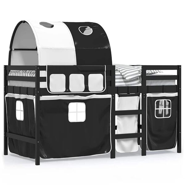 vidaXL Детско високо легло с тунел, бяло и черно, 80x200 см, бор масив