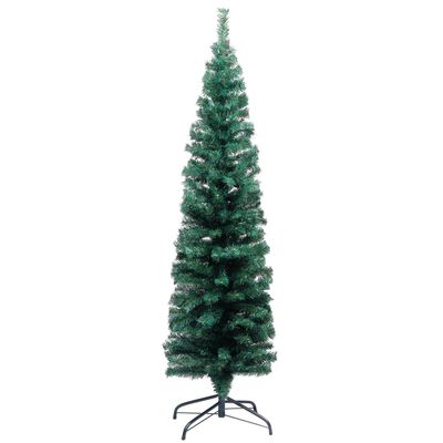 vidaXL Слим изкуствена светеща елха със стойка зелена 150 см PVC