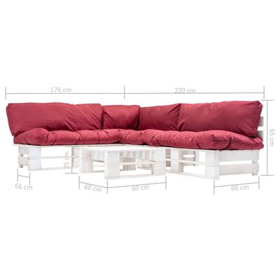 vidaXL Градински мебели от палети 4 части с червени възглавници дърво