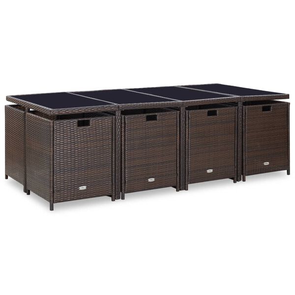 vidaXL Градински комплект с възглавници, 13 части, кафяв полиратан