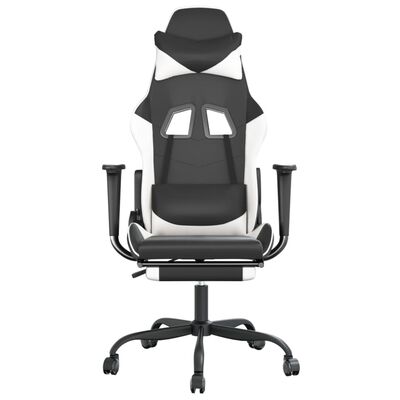 vidaXL Гейминг стол с опора за крака, черно и бяло, изкуствена кожа