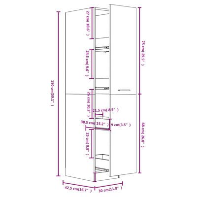 vidaXL Аптекарски шкаф, кафяв дъб, 30x42,5x150 см, инженерно дърво