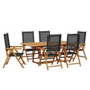 vidaXL Градински трапезен комплект, 7 части, черен, полиратан и масив