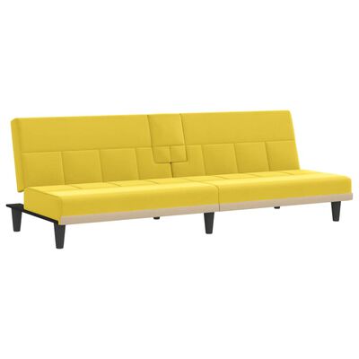 vidaXL Разтегателен диван с поставки за чаши, светложълт, плат
