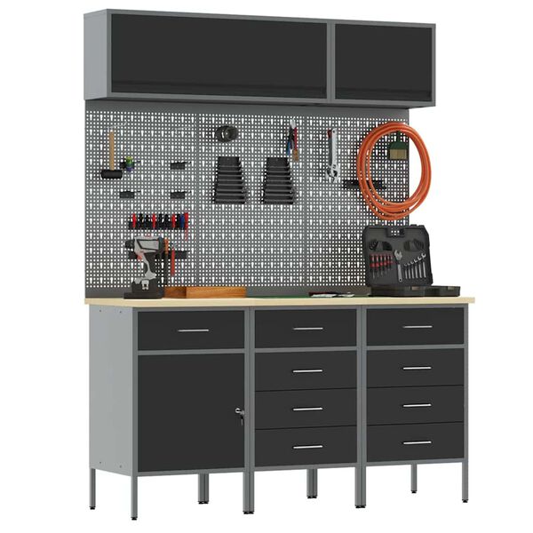 vidaXL Комплект работни шкафове с чекмедже със съхранение 8 pcs Черно