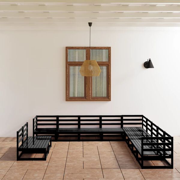 vidaXL Градински лаундж комплект, 11 части, черен, бор масив