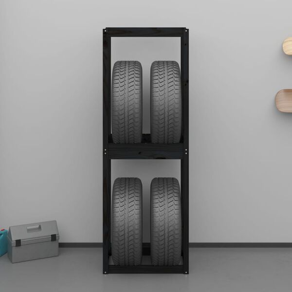 vidaXL Стелаж за гуми, черен, 63x40x180 см, борово дърво масив