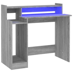 vidaXL Бюро с LED осветление, сив сонома, 97x45x90 см, инженерно дърво