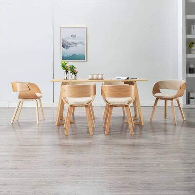 vidaXL Трапезни столове, 6 бр, кремави, извито дърво и изкуствена кожа