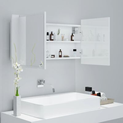 vidaXL Шкаф с LED огледало за баня, бял гланц, 90x12x45 см, акрил