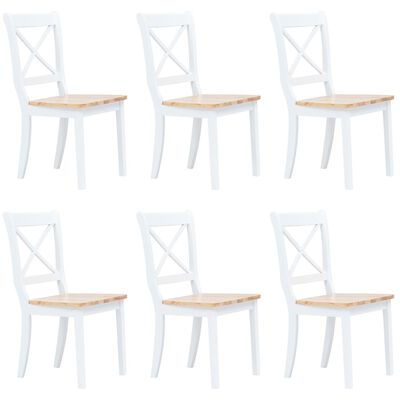 vidaXL Трапезни столове, 6 бр, бял и естествен, каучуково дърво масив