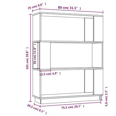 vidaXL Библиотека/разделител за стая, сива, 80x25x101 см, бор масив