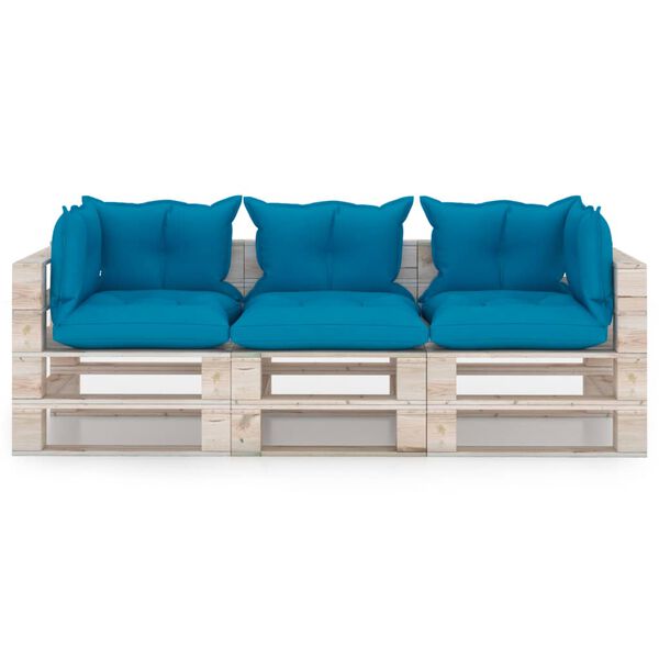 vidaXL Градински 3-местен диван от палети с възглавници бор