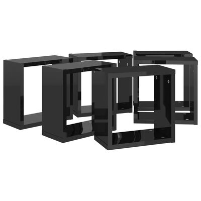vidaXL Стенни кубични рафтове, 6 бр, черен гланц, 30x15x30 см