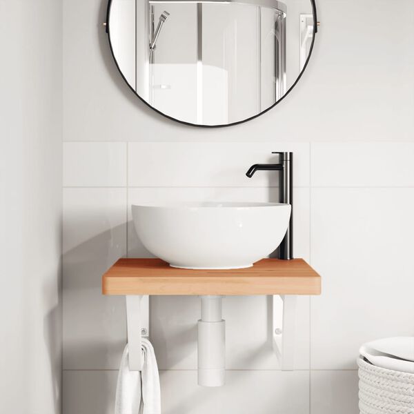 vidaXL Стенен рафт за мивка, стомана и масивно дърво бук