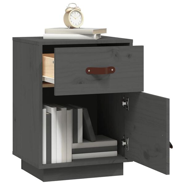 vidaXL Нощно шкафче, сиво, 40x34x55 см, борово дърво масив