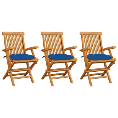 vidaXL Градински столове със сини възглавници 3 бр тик масив