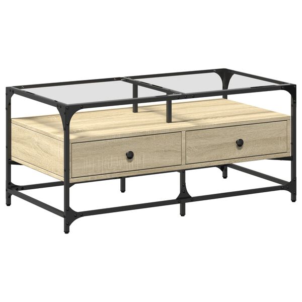 vidaXL Маса за кафе със стъклен плот, сонома дъб,98,5x50x45см, стомана