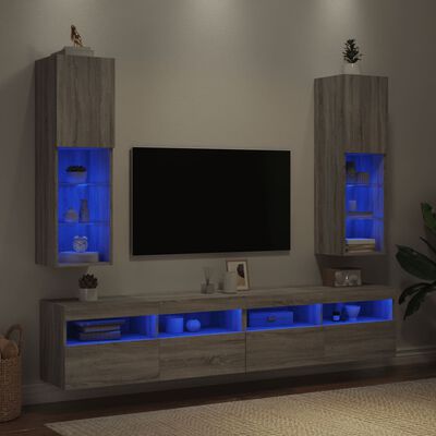 vidaXL ТВ шкафове с LED осветление, 2 бр, сив сонома, 30,5x30x102 см