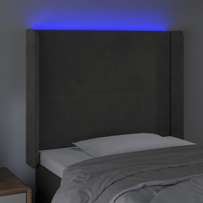 vidaXL LED горна табла за легло, тъмносива, 83x16x118/128 см, кадифе