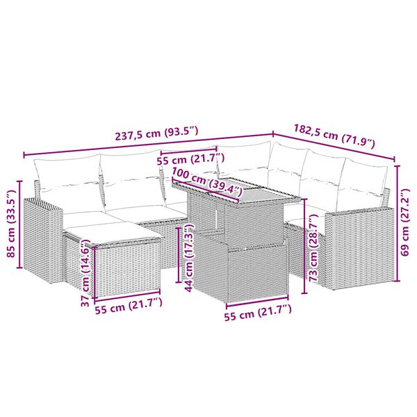 vidaXL Градински диван с възглавници, 8 части, бежов полиратан