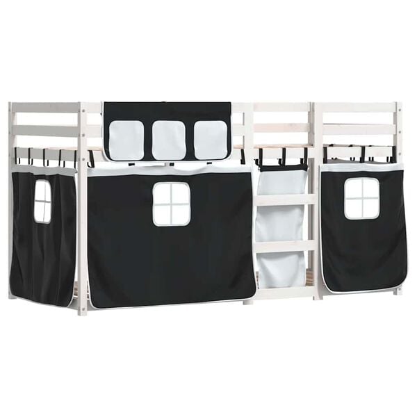 vidaXL Двуетажно легло със завеси, бяло и черно, 75x190 см, бор масив