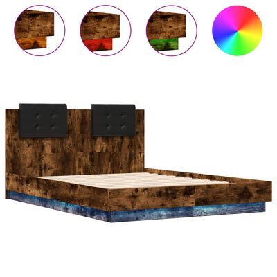 vidaXL Рамка за легло с табла и LED осветление, опушен дъб, 135x190 см