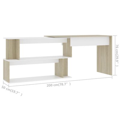 vidaXL Ъглово бюро, бяло и дъб сонома, 200x50x76 см, ПДЧ