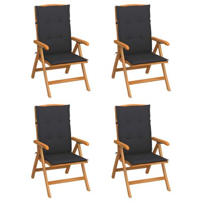 vidaXL Накланящи градински столове с възглавници 4 бр тик масив