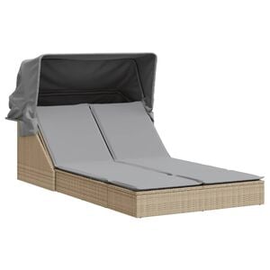 vidaXL Двоен шезлонг със сенник и възглавници бежов полиратан