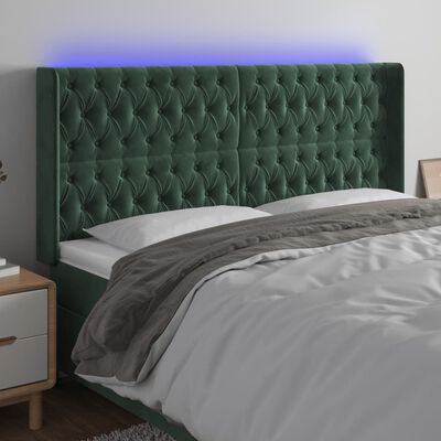 vidaXL LED горна табла за легло, тъмнозелена, 203x16x118/128см, кадифе