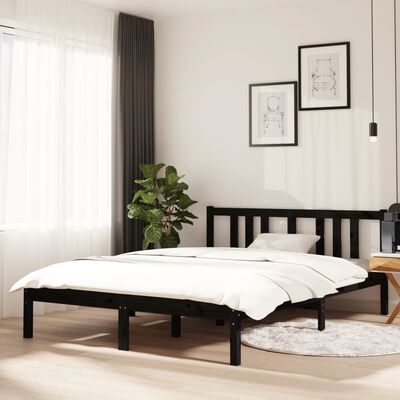 vidaXL Рамка за легло, черна, дърво масив, 135x190 cм, Double