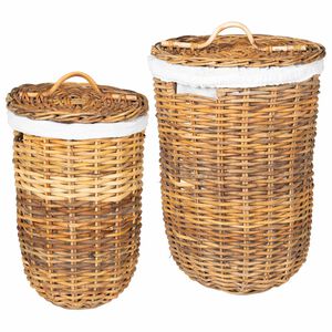 vidaXL Кош за пране с капак 2 pcs Естествено кафяво Кубу Ратан